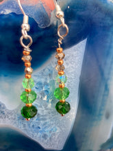 Load image into Gallery viewer, Green and gold glass beaded earrings fish hook style