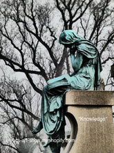 Load image into Gallery viewer, It features a beautiful, vintage-style photograph of a cemetery angel statue sitting down reading the bible, a thoughtful reminder of the power of mercy and compassion.