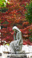 Load image into Gallery viewer, Send your loved one a special message of sympathy with this Cemetery Angel Sympathy Card. The card features a beautiful photograph of a cemetery angel statue with vibrant red fall foliage in the background. Perfect for any occasion to let someone know you care.