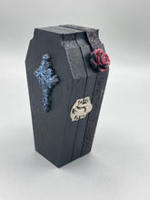 Load image into Gallery viewer, Vintage Inspired Wood Coffin Ring Box or Jewelry Box And Spooky But Cute VooDoo Doll