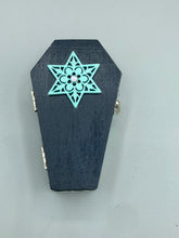 Load image into Gallery viewer, Whimsical Black Wood Coffin Ring Box And Spooky But Cute Misfit VooDoo Doll
