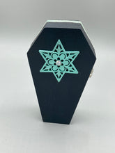 Load image into Gallery viewer, Whimsical Black Wood Coffin Ring Box And Spooky But Cute Misfit VooDoo Doll