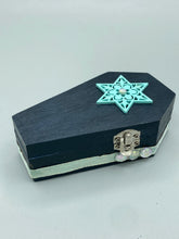 Load image into Gallery viewer, Whimsical Black Wood Coffin Ring Box And Spooky But Cute Misfit VooDoo Doll