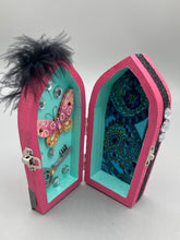 Load image into Gallery viewer, Misfit Small Wood Coffin Ring Box, Gothic Vintage Evil Carnival Ringleader, Calavera De La Muerte