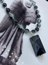 Load image into Gallery viewer, Large Black White Rectangular Pyramid Shaped Agate Natural Stone Pendant Glass Beaded Adjustable Necklace, Cocktail Attire, Shabby Chic