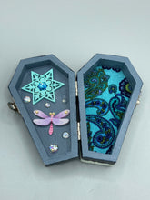 Load image into Gallery viewer, Whimsical Black Wood Coffin Ring Box And Spooky But Cute Misfit VooDoo Doll