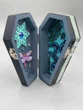 Load image into Gallery viewer, Whimsical Black Wood Coffin Ring Box And Spooky But Cute Misfit VooDoo Doll