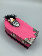 Load image into Gallery viewer, Misfit Small Wood Coffin Ring Box, Gothic Vintage Evil Carnival Ringleader, Calavera De La Muerte