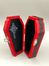 Load image into Gallery viewer, Red And Black Wood Coffin Ring Box And Spooky But Cute Misfit VooDoo Doll