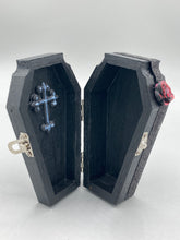 Load image into Gallery viewer, Vintage Inspired Wood Coffin Ring Box or Jewelry Box And Spooky But Cute VooDoo Doll