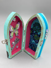 Load image into Gallery viewer, Whimsical Fairy Wood Coffin Box, Steampunk Inspired Keepsake Box, Mystical Witchy Pastel Goth Altar Trinket Box, Magical Princes Butterfly
