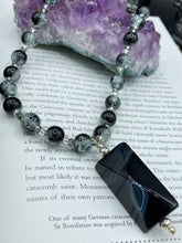 Load image into Gallery viewer, Large Black White Rectangular Pyramid Shaped Agate Natural Stone Pendant Glass Beaded Adjustable Necklace, Cocktail Attire, Shabby Chic