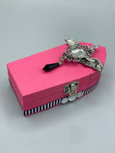 Load image into Gallery viewer, This unique handmade Pink Spooky Glam Wood Coffin Ring Box offers a statement piece for your witchy home decor. Its macabre collections boast a black and pink wood coffin with large shimmery bat embellishments and decorative black crystals around the exterior. Open up the box to find a bright turquoise mandala fabric and a tiny black crystal bat decoration for a truly eerie feel.