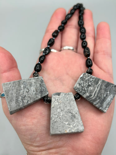 Large Trapezoid Shaped Picasso Jasper Stone And Black Agate Beaded Necklace, Hippie Lovers Genuine Stone, Bohemian