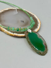 Load image into Gallery viewer, Dark Green Agate Geode Sliced Stone Chip Necklace, Hippie Crystal Jewelry, Shabby Boho Chic, Natural Gemstone
