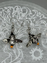 Load image into Gallery viewer, Honey bee shaped metal fish hook earrings with black and yellow glass beads. Measurement: 1&quot; in length
