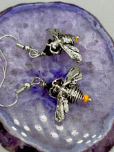 Load image into Gallery viewer, Honey bee shaped metal fish hook earrings with black and yellow glass beads. Measurement: 1&quot; in length
