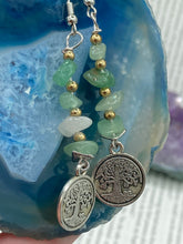 Load image into Gallery viewer, This nature-inspired set of earrings features a single strand of natural green aventurine chip stones and gold glass beads, highlighted by a silver-plated Tree of Life pendant.  Measurements: 2 1/4” in length 
