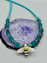 Load image into Gallery viewer, Honey Bee Pendant With Teal, Gold, And Turquoise Beaded Necklace, Summer Hippie Nature Lovers
