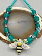 Load image into Gallery viewer, Honey Bee Pendant With Teal, Gold, And Turquoise Beaded Necklace, Summer Hippie Nature Lovers
