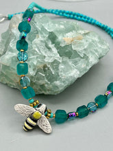 Load image into Gallery viewer, Honey Bee Pendant With Teal, Gold, And Turquoise Beaded Necklace, Summer Hippie Nature Lovers
