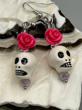 Load image into Gallery viewer, Peruvian Ceramic Skull Beads With Pink Floral Rose Beaded Earrings, Pastel Goth, Dia De Los Muertos Calavera, Day of the Dead Jewelry, La Catrina
