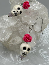Load image into Gallery viewer, Peruvian Ceramic Skull Beads With Pink Floral Rose Beaded Earrings, Pastel Goth, Dia De Los Muertos Calavera, Day of the Dead Jewelry, La Catrina
