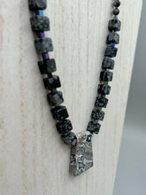 Load image into Gallery viewer, This rustic necklace features an eye-catching large trapezoid-shaped Picasso jasper, hematite, square-shaped snowflake obsidian combo set in a unique and chic design. Handcrafted from genuine stones, this necklace is perfect for any bohemian look.   Measurements:  Necklace is 21&quot;
