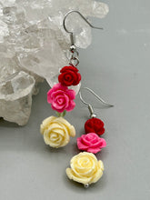Load image into Gallery viewer, Crafted from quartzite, these highly detailed rose beads come in three striking shades of red, soft pink, and white beaded earrings. This is the ideal accessory for those interested in Dia De Los Muertos as well as those with an appreciation for gardens. Whether dressing up or down, these earrings will lend a distinctive touch to your fashion.  Measurements: 1 1/2” in length 
