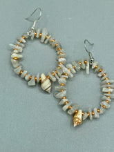Load image into Gallery viewer, Delicate white moon stone chip and glass beaded hoop earrings featuring chic gold accents and tiny conch shells. Perfect for nature lovers, these boho-inspired summer earrings will add a subtle sophistication to any outfit.  Measurements: 2&quot; length
