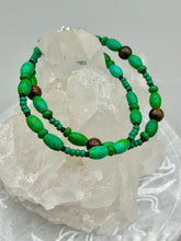 Load image into Gallery viewer, Nature inspired double-strand tigers eye and bright green magnesite stone beaded bracelet. Crafted with metal wire and fastened with a lobster claw clasp.  Measurements:  Bracelet: 7 3/4&quot; in length    
