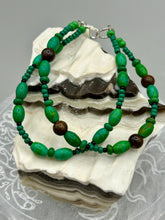 Load image into Gallery viewer, Nature inspired double-strand tigers eye and bright green magnesite stone beaded bracelet. Crafted with metal wire and fastened with a lobster claw clasp.  Measurements:  Bracelet: 7 3/4&quot; in length    
