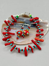 Load image into Gallery viewer, Red Coral Chips And Turquoise Glass Beaded Bracelet, Nature Inspired, Southwest Style Jewelry
