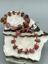 Load image into Gallery viewer, These Rhodonite Stone Chip Beaded Hoop Earrings feature natural rhodonite stones and light purple and gold glass beads for a shabby chic, boho chic, and nature-inspired bohemian look.  Measurements: 1&quot; length
