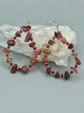 Load image into Gallery viewer, These pure rhodonite stone chip earrings with lustrous fuchsia and gold glass beading boast shimmering accents of blue, gold, and purple.  Measurements: 2 1/4&quot; length

