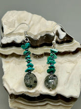 Load image into Gallery viewer, These earrings feature a single strand constructed with natural turquoise stone chips and tourmaline quartz stone beads for a unique, nature-inspired look.  Measurements: 1 1/2&quot; length
