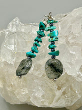 Load image into Gallery viewer, These earrings feature a single strand constructed with natural turquoise stone chips and tourmaline quartz stone beads for a unique, nature-inspired look.  Measurements: 1 1/2&quot; length
