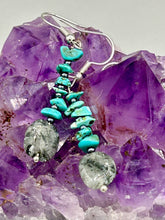 Load image into Gallery viewer, These earrings feature a single strand constructed with natural turquoise stone chips and tourmaline quartz stone beads for a unique, nature-inspired look.  Measurements: 1 1/2&quot; length
