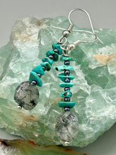 Load image into Gallery viewer, These earrings feature a single strand constructed with natural turquoise stone chips and tourmaline quartz stone beads for a unique, nature-inspired look.  Measurements: 1 1/2&quot; length
