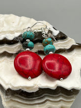 Load image into Gallery viewer, These southwest inspired earrings feature bamboo red coral and turquoise stone beads with silver glass beads.  Measurements: 1 1/2&quot; length  
