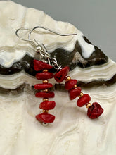 Load image into Gallery viewer, This single strand of earrings contain bamboo red coral chip beads is composed and gold tone glass beads for a unique, bohemian look.  Measurements: 1” in length  
