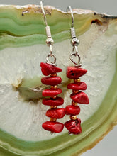Load image into Gallery viewer, This single strand of earrings contain bamboo red coral chip beads is composed and gold tone glass beads for a unique, bohemian look.  Measurements: 1” in length  
