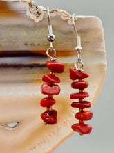 Load image into Gallery viewer, This single strand of earrings contain bamboo red coral chip beads is composed and gold tone glass beads for a unique, bohemian look.  Measurements: 1” in length  
