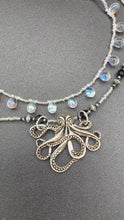 Load and play video in Gallery viewer, Steampunk Metal Octopus Double Strand Bead Adjustable Necklace, Haunting Dark Souls Goth Witchy Jewelry, Iridescent Shimmery Teardrop Beads
