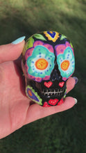 Load and play video in Gallery viewer, Mini Day of the Dead Black Ceramic Sugar Skull, La Muerte Calavera de Ofrenda, Dia De Los Muertos Calavera, Nature Inspired Hand Painted Skull Art
