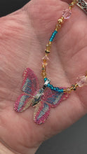 Load and play video in Gallery viewer, Pink Sterling Silver Butterly Pendant Glass Beaded Necklace, Hippie Nature Lovers Dainty Jewelry, Whimsical Fairy Princess, Mariposa
