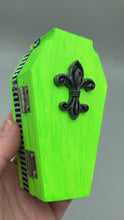 Load and play video in Gallery viewer, Lime Green BeetleJuice Inspired Wood Coffin Ring Box And Spooky But Cute Misfit VooDoo Doll
