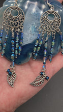Load and play video in Gallery viewer, Blue Moroccan Large Chandelier Earrings With Dangling Silver Plated Leaves, Whimsical Fairy Princess, Hippie Lovers Nature Inspired Jewelry
