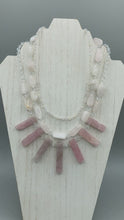 Load and play video in Gallery viewer, Genuine Natural Stone Rose Quartz And Iridescent Glass Beaded Princess Style Necklace, Hippie Nature Lovers Necklace
