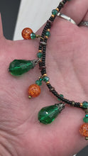 Load and play video in Gallery viewer, Autumn Vibe Choker Style Necklace, Shabby Chic, Hippie, Bohemian, Fall Harvest Jewelry, Pumpkin Round Orange Green Glass Beads
